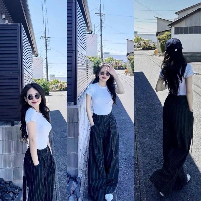 Mèo Mỡ Bigsize — Set bộ quần áo thun trắng tay ngắn kèm quần ống xuông sọc kẻ đen bigsize 60-90kg