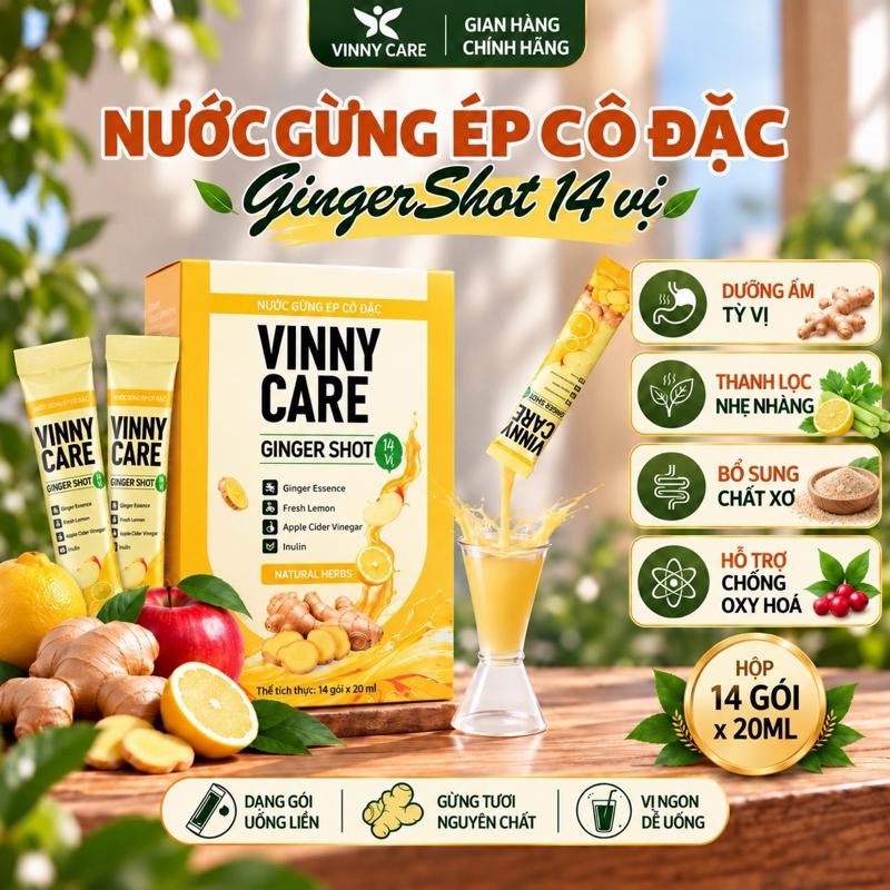 GINGERSHOT 14 vị VINNY CARE - Nước gừng ép cô đặc  giúp ấm tỳ vị, đẹp dáng, sáng da, chống oxy hoá, tăng đề kháng, giảm mụn | Hộp 14 góix20ml.
