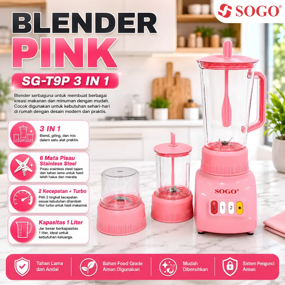 SOGO Blender Plastik Anti Pecah 1 Liter, Pisau Stainless Steel 6 & 2 Warna Pink Mesin Penggiling
