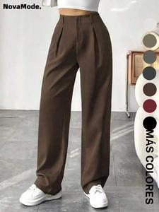 Pantalones de pierna ancha con bolsillo plisado de color sólido para mujer, elegantes con cierre y volante para trabajo de oficina y negocios, ropa de primavera y otoño para damas