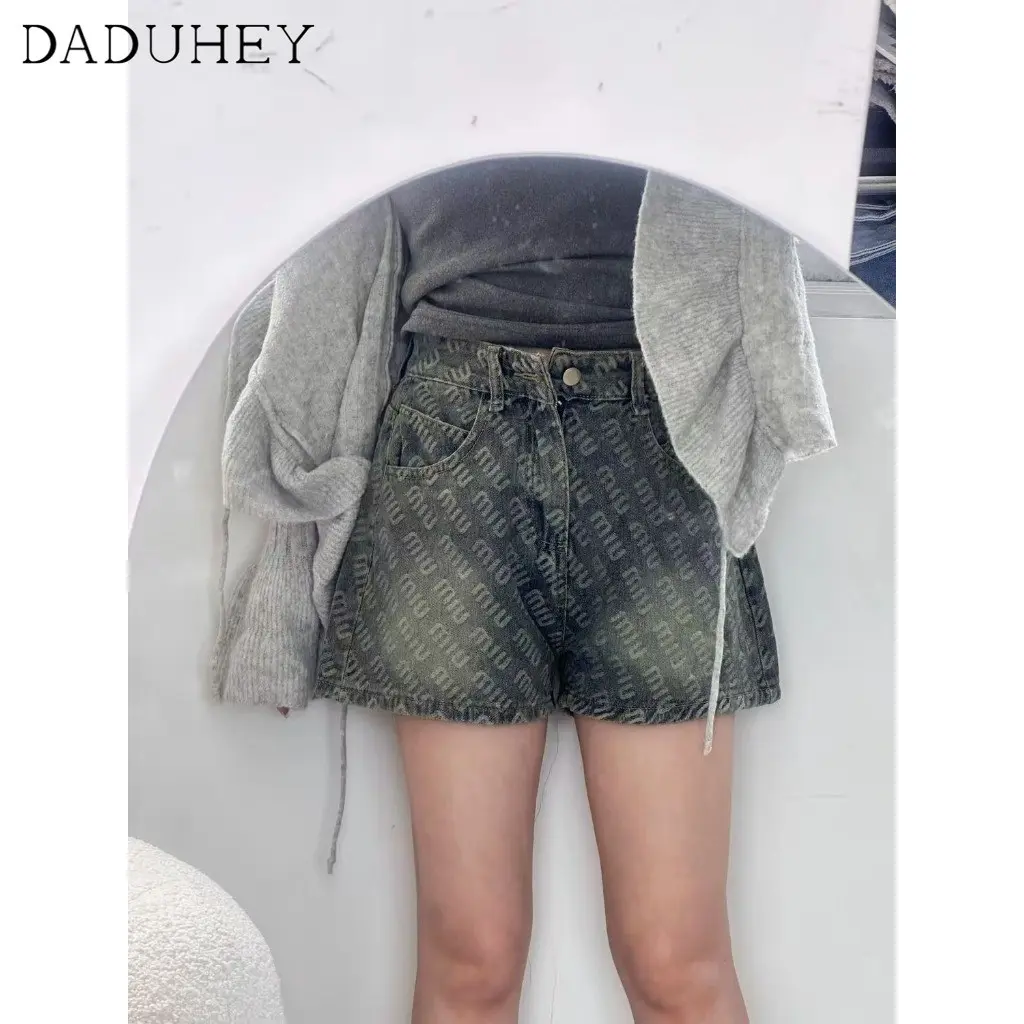 DaDuHey Letter Print New High Waist Slimming Wide Leg Denim Design Shorts Hot Pants for Hot Girls
