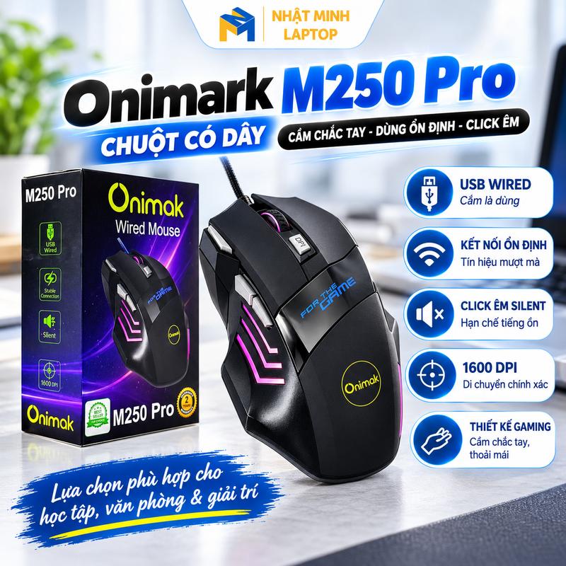 Chuột Có Dây Onimak M250 Pro Gaming USB, Chuột Máy Tính 1600 DPI Click Êm Silent, Chuột Chơi Game Cho Laptop PC, Chuột Văn Phòng Học Tập Giải Trí