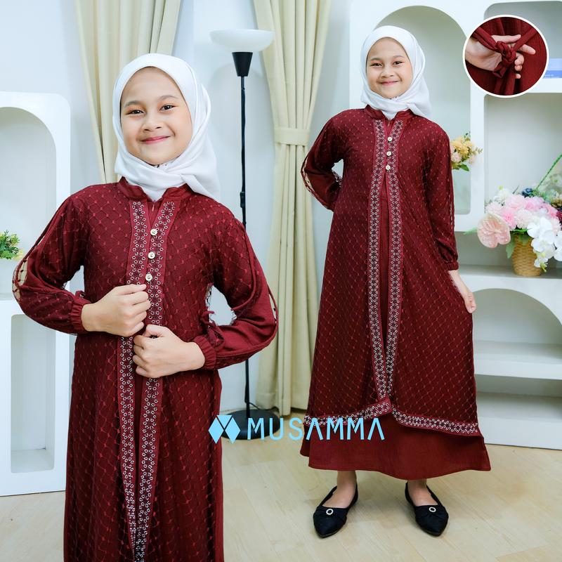 DRESS ANAK RAISA  - Gamis Crinkel Premium Mix Brokat Tile Malika Kancing aktif dan Wudhu Friendly dress anak tanggung 4