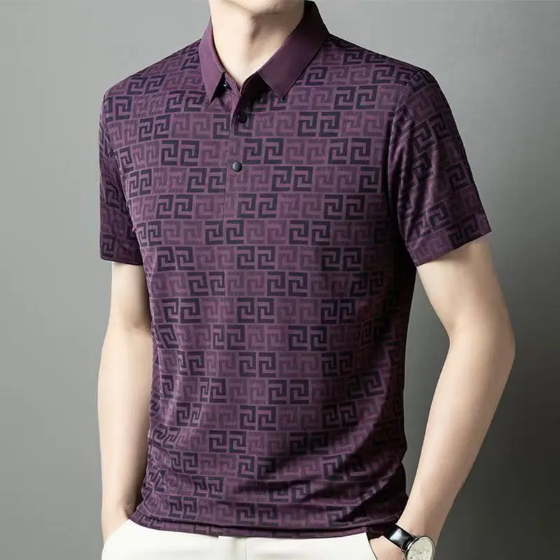 New Men's Business and Leisure Ironless Collar T-shirt Fashionable thin, cool, breathable and loose polo shirt Moisture wicking and stretchy commuting versatile top