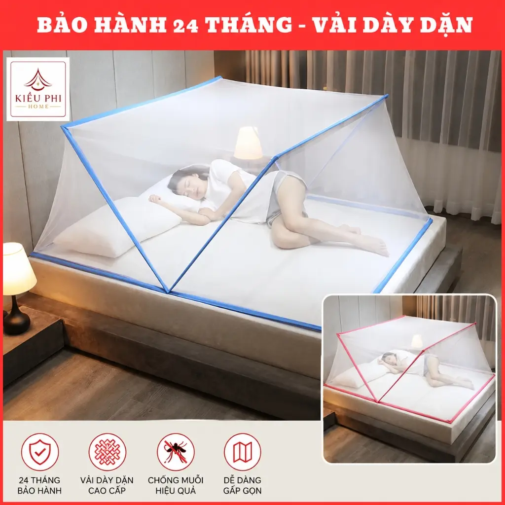 Màn chụp tự bung khung xếp thông minh gấp gọn tiện dụng - Mùng Chụp Tự Bung xếp cho người lớn Kiều Phi không cần khoan tường bảo hành 24 tháng ngủ chống muỗi