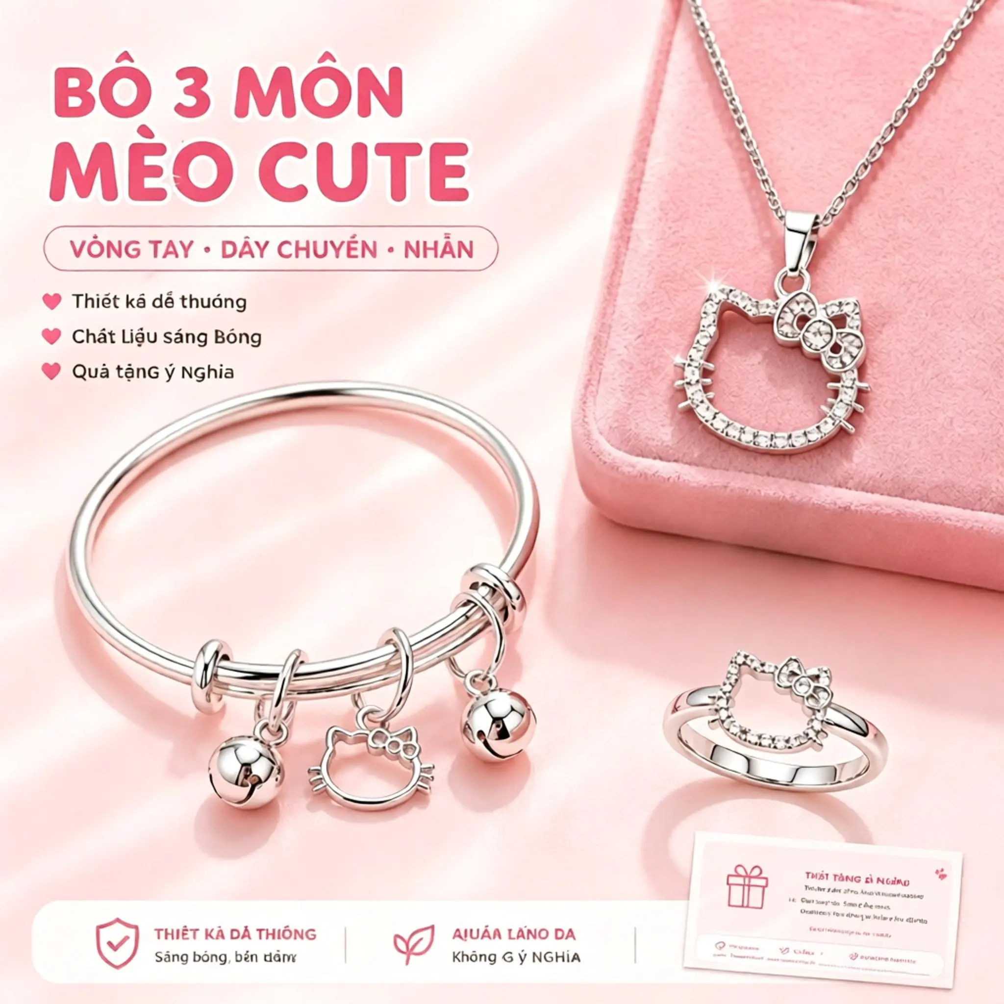 Dễ thương  Cat Shape Mở Ring Cat Bell Push Pull Bracelet Dễ thương Mặt dây chuyền Bracelet Phim hoạt hình có thể điều chỉnh Quà tặng cho bạn bè thân thiết Ba mảnh đóng gói