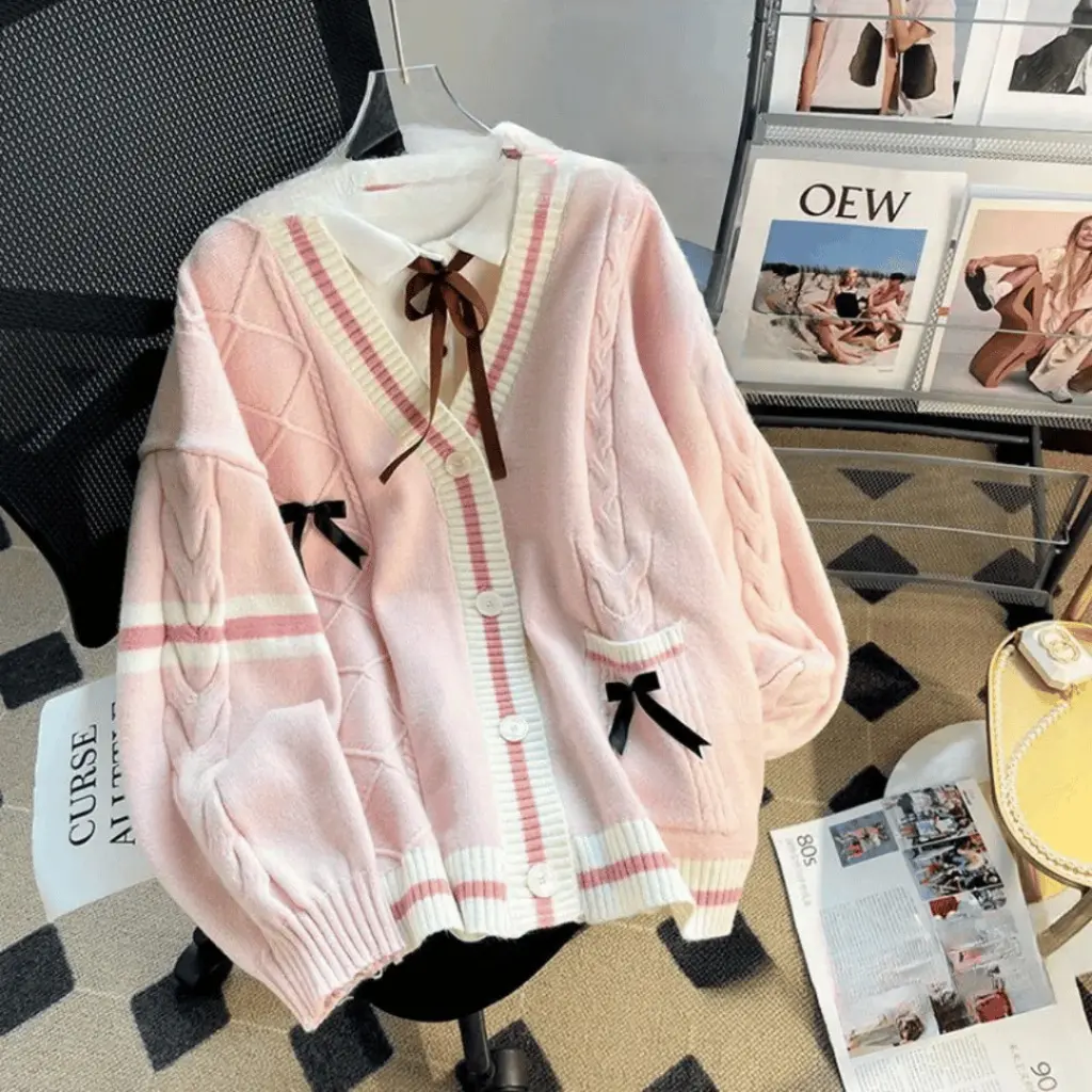 Cardigan Ribbon Pita Coquette Atasan Wanita Lengan Panjang Longsleeve Baju Oversize Besar