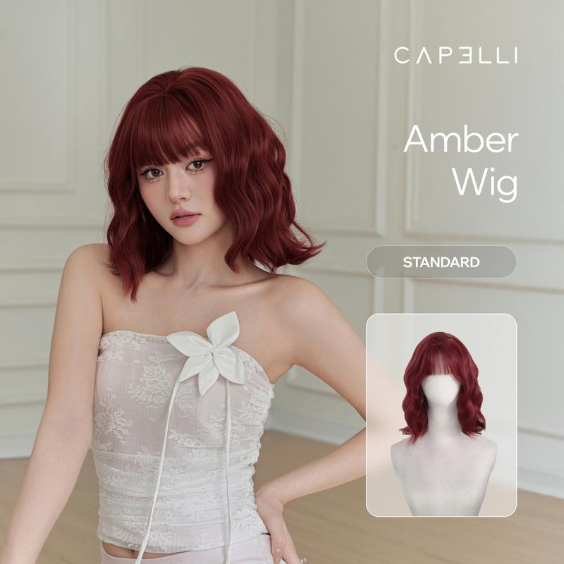 Tóc Giả Nguyên Đầu CAPELLI Xoăn Sóng Ngắn Mái Thưa Đỏ Cam Amber Wig