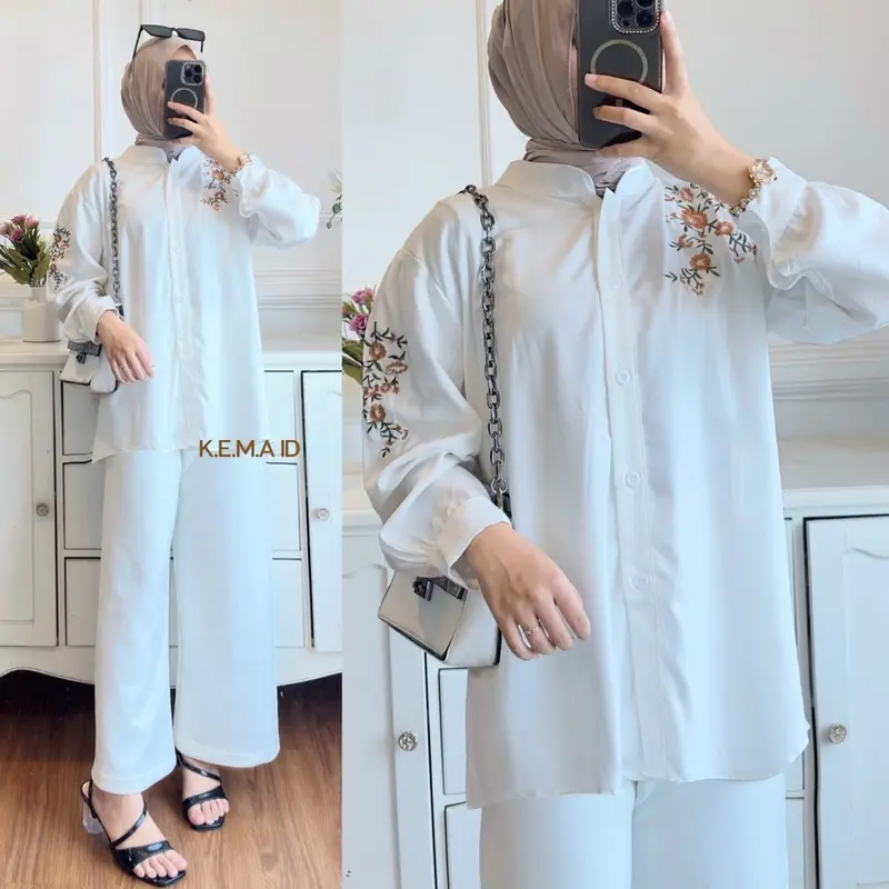 Jasmine blouse bordir bunga linen katun twill blouse wanita atasan vintage nyaman cantik full kancing Oversize Formal Panjang Lembut Santai 2