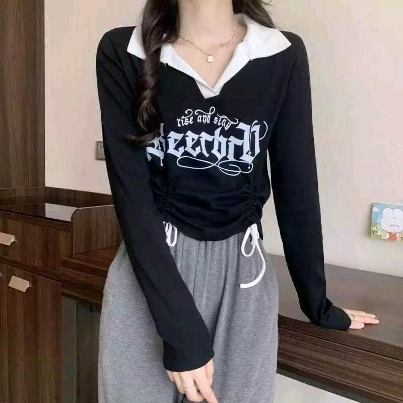Kaos Longsleeve Serut RISE N SLAY Wanita Knit Rib (LD 88, P 40) Kasual 3