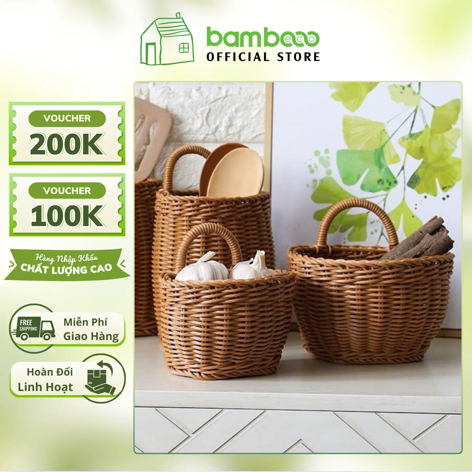 Giỏ mây nhựa treo tường decor BAMBOOO ECO rổ đa năng trang trí nhà cửa 2024