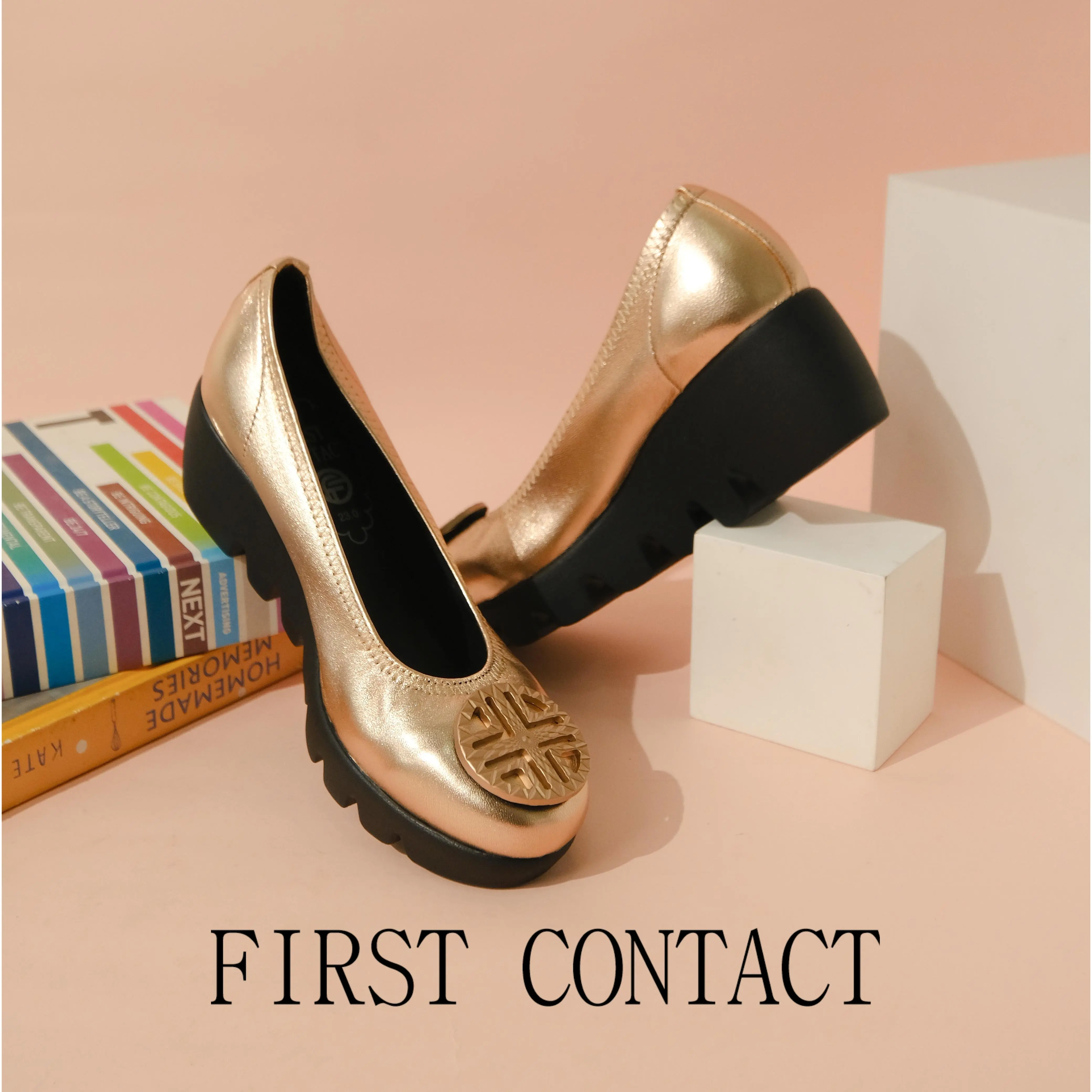 First Contact Wedges Shoes Aether Crest Gold Heels Elegant Terbaru