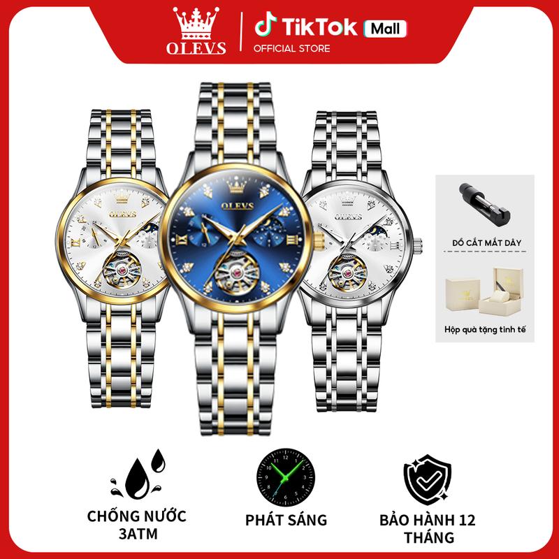 Đồng Hồ Cơ Nữ Chính Hãng OLEVS - 6608 Thời Trang Sang Trọng Chống Nước Dây Thép Không Gỉ Có Hiển Thị Lịch Mặt Trăng Và Mặt Trời Size 32MM