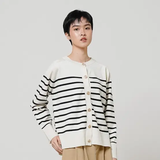 This Is April Outer Wanita Knit Lengan Panjang Striped Aurelie Cardigan Ivory dan Black 2