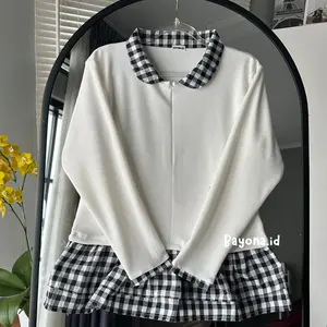 BAYONA.ID YOORA TOP Rib Knit Polos x Motif Kotak-Kotak Gaya Korea Wanita Modern Bahan Nyaman