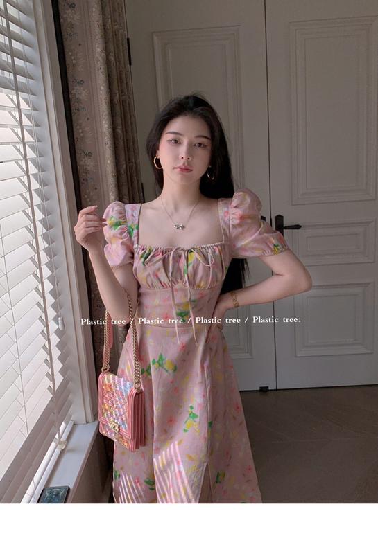 Product Introduction of phụ nữ ăn mặcĐầm Voan Pháp, In Hoa Mùa Hè, Cạp Cao Xẻ Tà, Hàng Mới Về Cho Nữ, Bó Sát Eo, Cổ Vuông, Tay bồng Hoa, Đầm Midi Dress Women 25