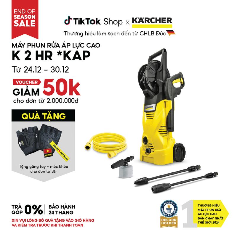   Mới 2025  Máy phun rửa áp lực cao Karcher K 2 HR - Công suất 1400W áp lực 110 bar phù hợp rửa xe - Bảo hành 24 tháng 