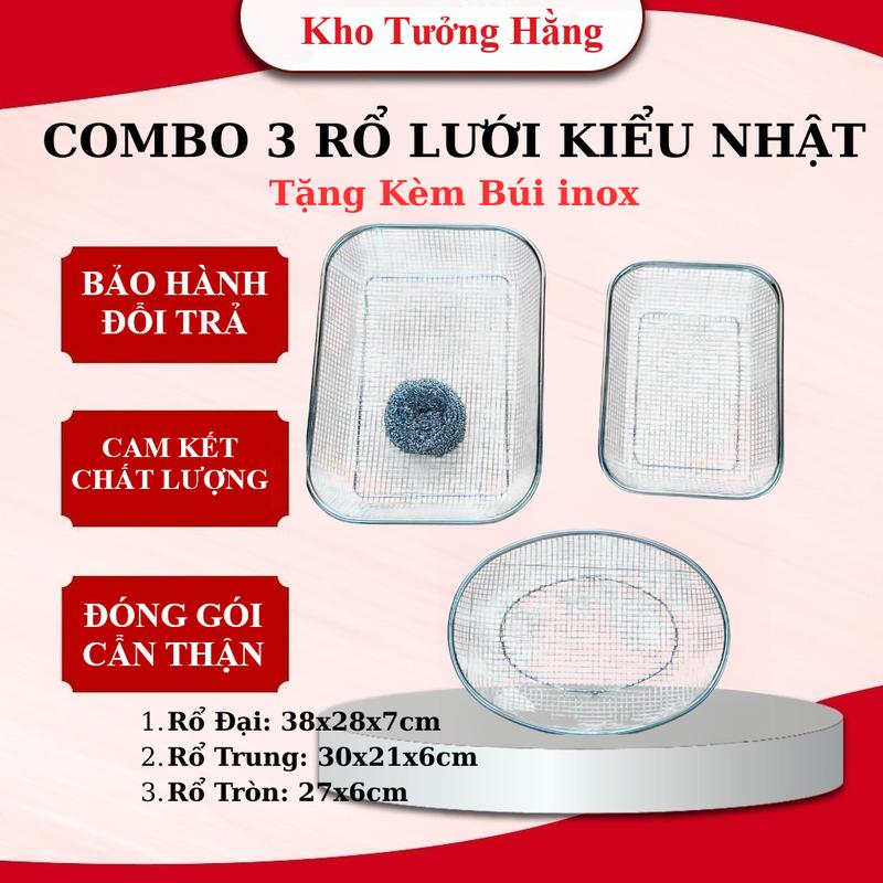    Tặng Búi Cọ   COMBO 3 Rổ   ĐẠI+ TRUNG+ TRÒN  CHẤT LIỆU inox 304 Size Lớn dạng lưới kiểu Nhật đựng thức ăn chiên và để ráo trái cây vô 