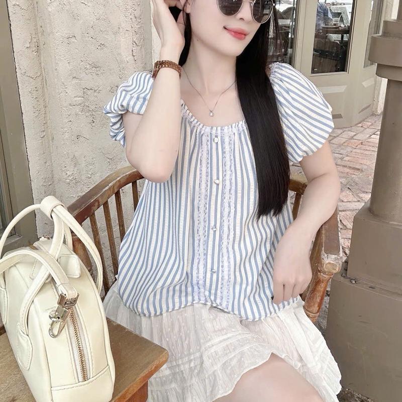 Áo babydoll kẻ sọc linen mềm trễ vai phối ren cúc bọc  LAMO- B1436