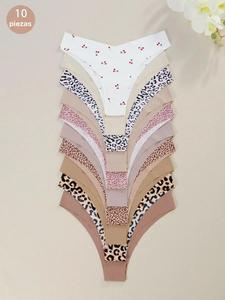 Tanga con cintura en V de estampado de leopardo/cherry/sencillo para mujer, cómoda y suave, transpirable, sin costuras para uso diario, ropa interior femenina para todas las estaciones, lencería