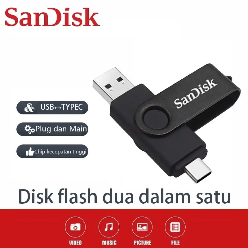 SANDISK FlashDrive OTG TYPE C USB 64GGB/128GB/256GB FLASH DRIVE ULTRA DUAL USB 3.1 Flashdisk hp dan laptop Flash Drives Komputer Hitam Penyimpanan Biru Stiker Storage