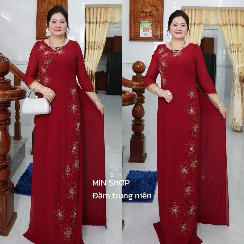  MIN SHOP - Áo dài trung niên quần rời truyền thống thiết kế cao cấp kết đá dành cho mấy chị em sui gia U30 U40 U50 