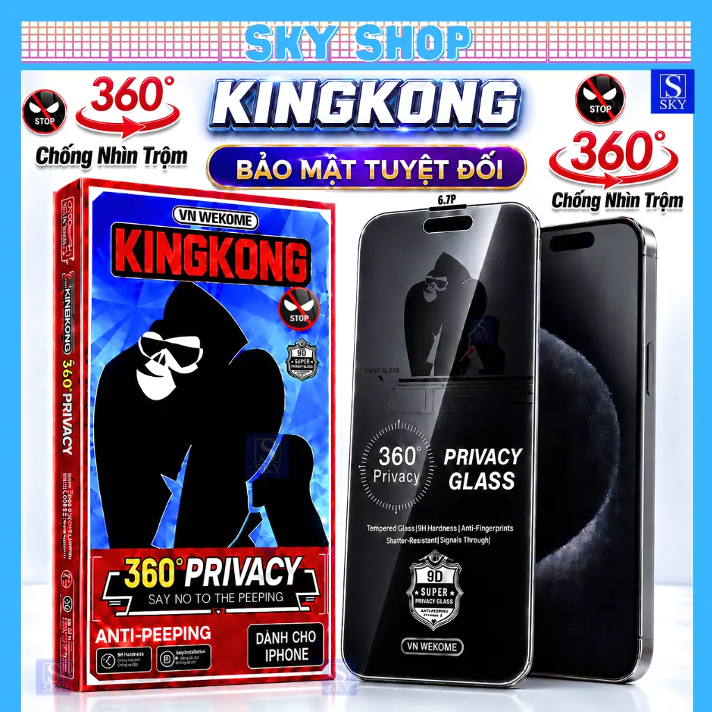 Kính Cường Lực KingKong Chống Nhìn Trộm 360 Độ Cho iPhone 11 12 13 14 15 16 17 Pro Max, Dán Màn Hình Riêng Tư, Cảm Ứng Nhạy, Chống Vân Tay