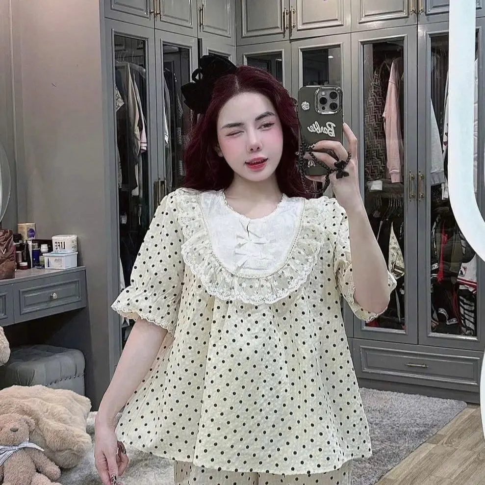 Bộ đồ pijama nữ mặc nhà chấm bi chất đũi mềm phối ren hottrend  Quần Ngủ Women  (<60kg) Voi Nho