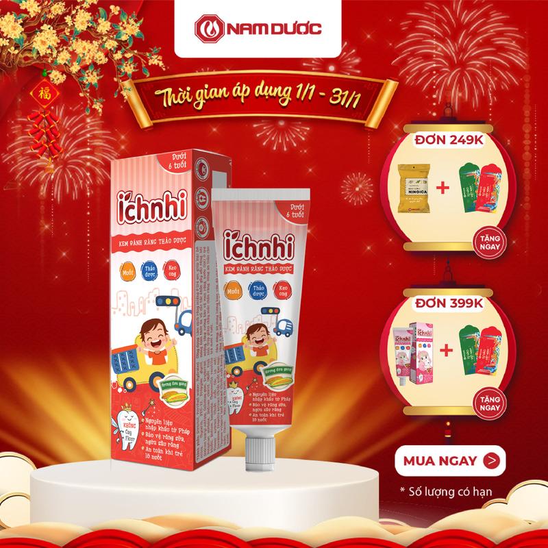  Kem đánh răng thảo dược Ích Nhi hương dưa gang cho bé dưới 6 tuổi tuýp 50g làm sạch răng miệng ở trẻ em không cay không chứa flour an toàn khi lỡ nuốt 