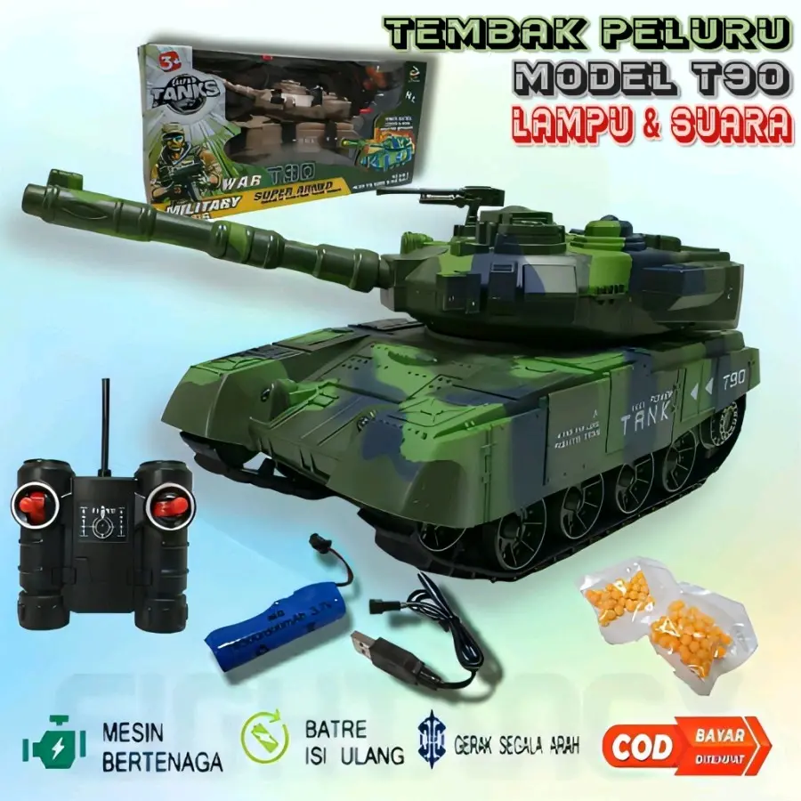 Mainan Mobil Remote Control RC Tank Tembak Peluru Model Tank T90 Russia Baterai cas Lampu & Suara tmbkn Anak Tentara