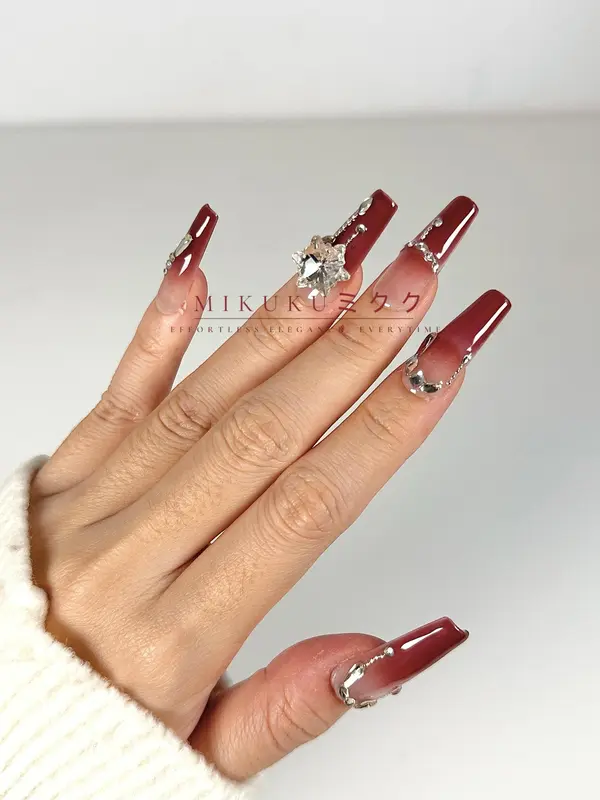 MKK2204 - Burgundy red nail art elegant/douyin style/Press on nails/Nail art/fake nails/press on nails/3D rhinestone/kuku palsu merah maroon glossy 4