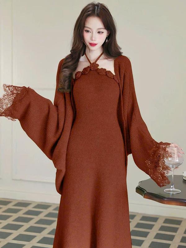  C5 Set Áo Choàng Tay Ren Kèm Váy 2 Dây Bản To Len Dày Dặn Hàng Quảng Châu Cao Cấp 4 Màu Xanh Tiêu Be Tiêu Xanh Cốm Cam Đất C5 