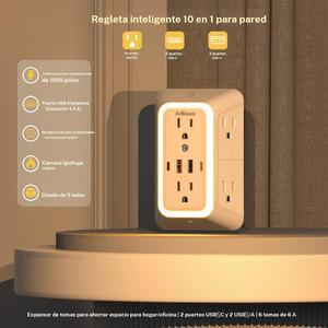 Extensor de toma de pared con protector de sobrecarga - 6 tomas de CA y 4 puertos USB (2 USB C), adaptador de pared multi enchufe de 3 lados con tira de alimentación para hogar oficina cocina viaje（Disponible en múltiples especificaciones）