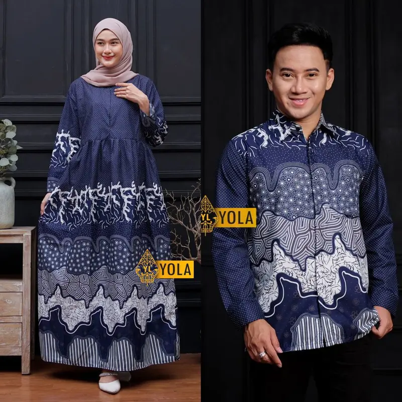 Baju Batik Couple Modern - Sarimbit Batik Kondangan Kekinian - Couple Gamis Batik dan Kemeja Polyester Dewasa Katun Motif Muslim Panjang Pasangan Dress Keluarga Seragam Kombinasi 4