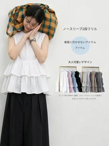 多色展開 ダブル仕様 レイヤードフリルペプラトップス（無地＆ギンガムチェック）
