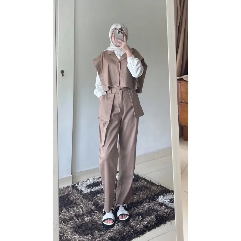 JN- Oneset Korean Fujian Vest Set Celana Katun Linnen Premium Super Tebal Casual  Wanita Setelan Atasan Fit Top Bawahan Panjang Baju Oversize Outer Linen Blazer Kulot Dewasa Formal Hitam 6