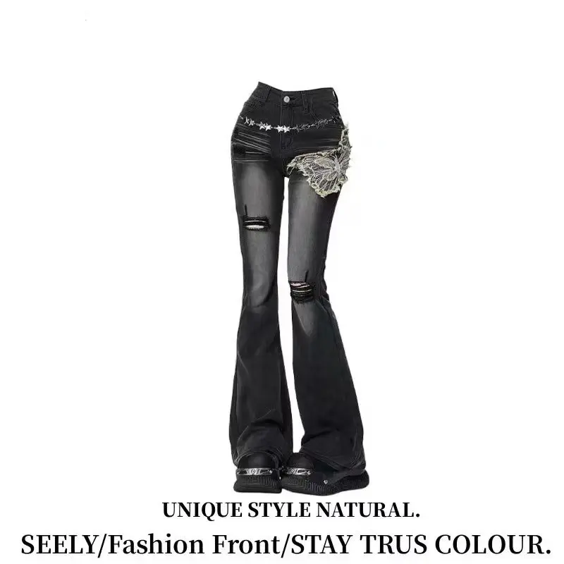 quần jeans nữ ống loeQuần Jean Ống Loe Hình Bướm Cổ Điển Dành Cho Nữ, Cỡ Ngắn XS, Quần Ống Loe Dài Đến Sàn Bó Sát Co Giãn, Thích Hợp Cho Mùa Thu, 145y2kquần jeans nữquần jean ngầu