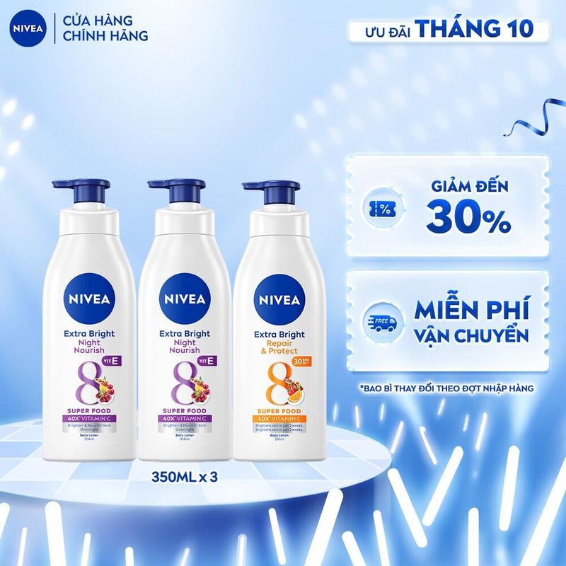 Bộ 3 Sản phẩm Gồm 2 Sữa Dưỡng Thể NIVEA Sáng Da Ban Đêm (350ml) và NIVEA Phục Hồi, Chống Nắng Ban Ngày Từ 8 Super Foods (350 ml) - 98412x2+88311 Nữ