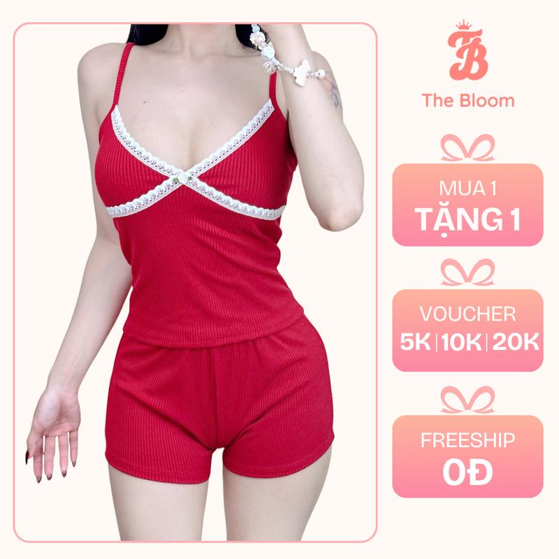THE BLOOM Set bộ áo 2 dây cổ tim viền ren đính hoa hồng và quần mini ôm body set cotton len đũa - SE012 Nữ Women Top Bông setdomac nhaxinh bộ ngủ thun tăm 2 dây set bongu quyen ru