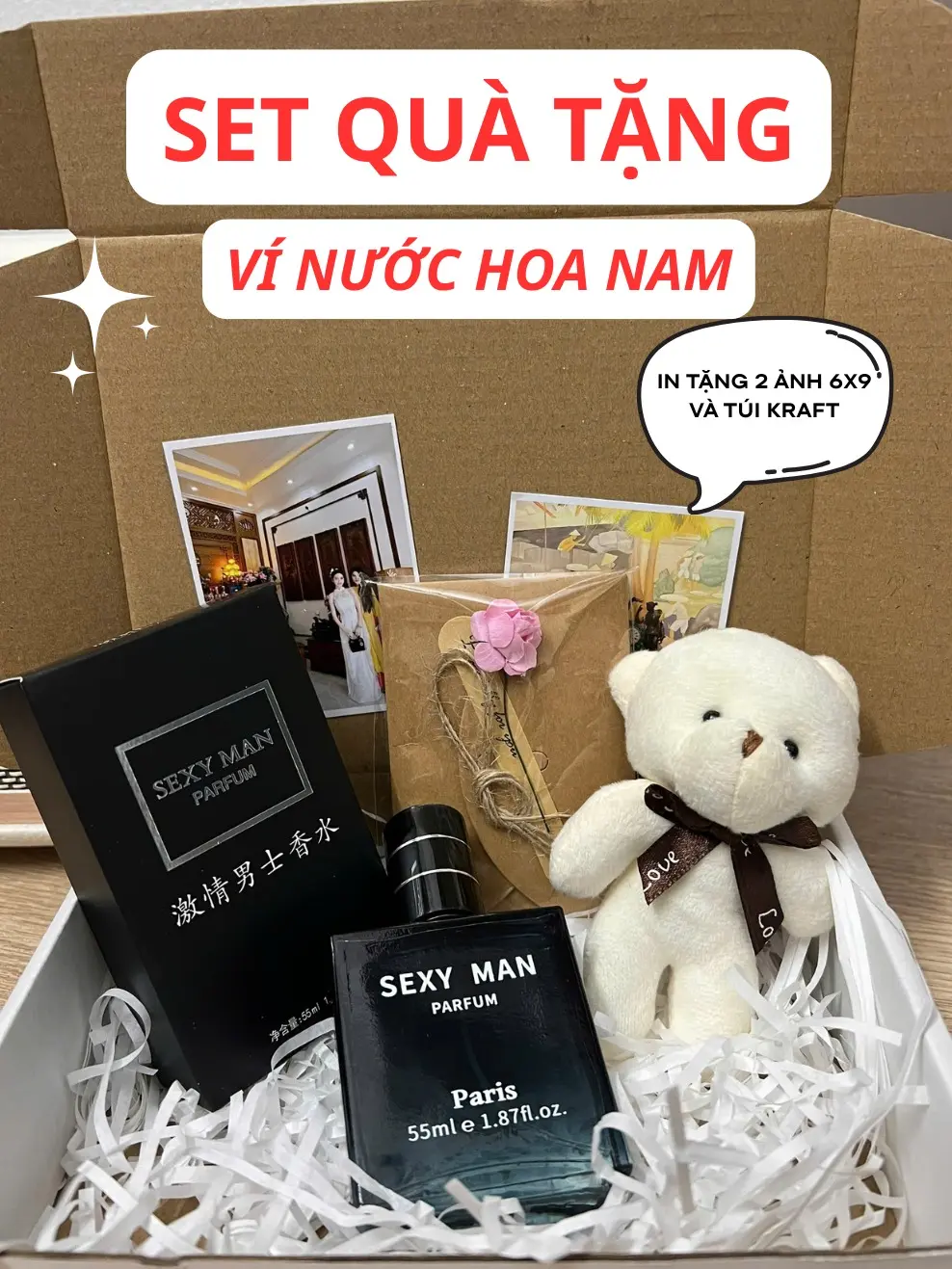 Hộp Quà Tặng sinh nhật bạn trai Ví Nam,Nước Hoa,Móc Khoá Gấu,Tặng kèm Thiệp và Ảnh 6x9,Quà Valentine,giáng sinh cho người yêu Giftbox
