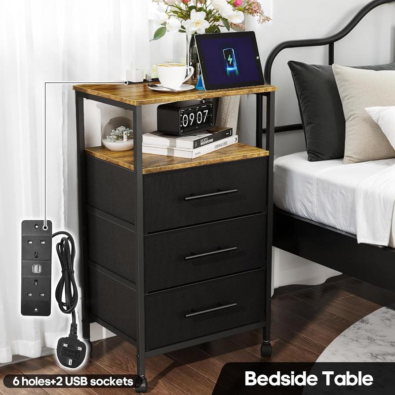 Bedside Table with Charging Station, Nightstand with 2 Outlets and 2 USB Ports,Sofa Table with 4 Castors Metal Frame and Fabric Drawers, for Bedroom Living Room (3 Drawers, Black) 3