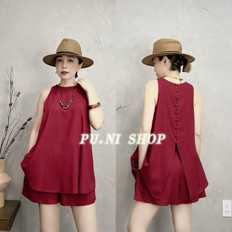  Set Bộ Đồ Nữ Linen Xẻ Lưng Cúc Bọc Mềm Mại Thoáng Mát Bộ Đùi Áo Sát Nách Mặc Đi Chơi Đi Biển Thời Trang Puni Shop 