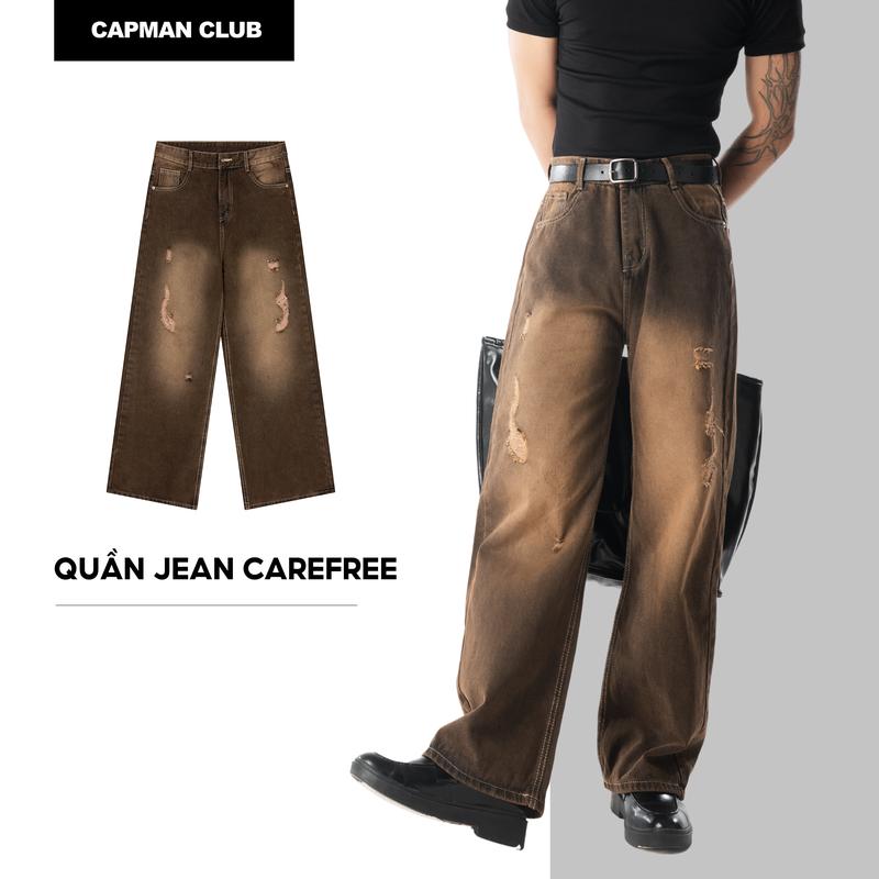 Quần jean dài nam ống rộng CAREFREE màu nâu CAPMAN CLUB quần dài nam denim wash rách phong cách trẻ trung