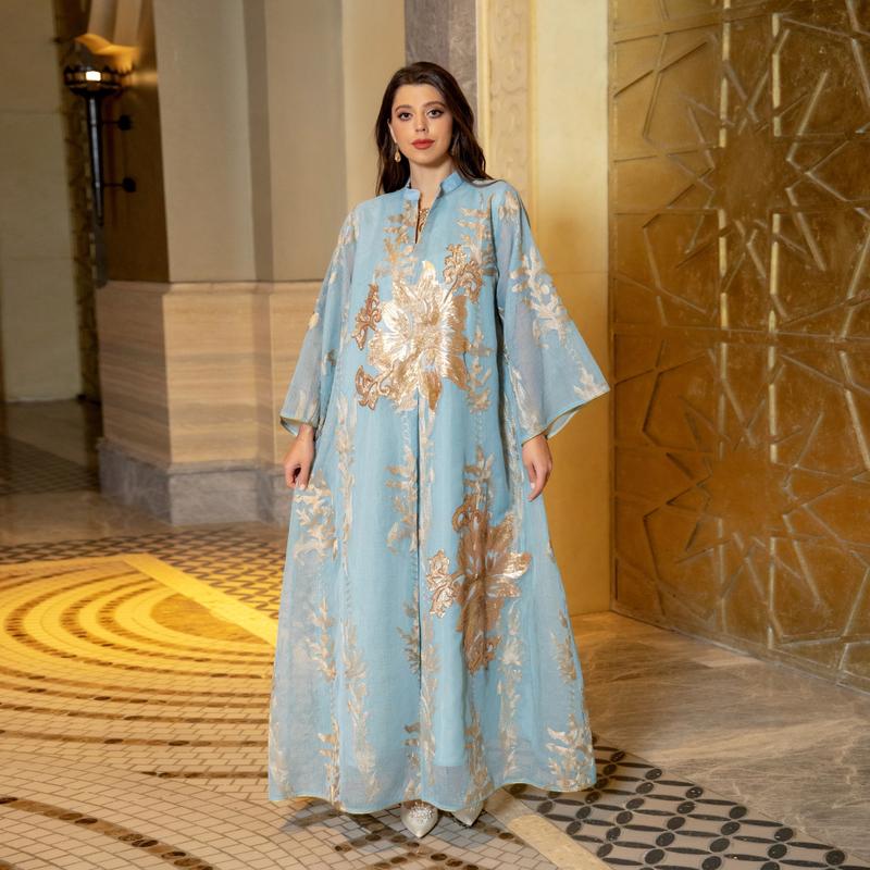 Product Introduction of Baju raya Middle East Cross border Golden Pearl Embroidered Yarn Muslim Female Jalabiya Dubai Arab Abaya 8