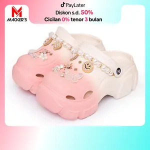 [MACKER'S] T01+100 Sandal Baim Wanita hiasan Rantai Mutiara Terbaru Sandal kodok Lucu sepatu wedges karet dual color Sendal