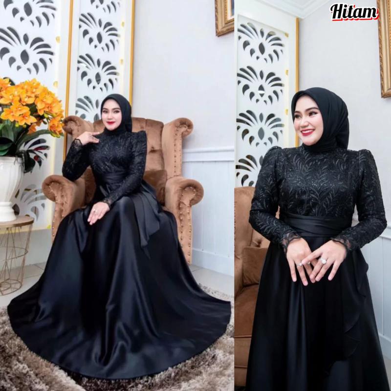 Dress Pesta Satin Roberto Mix Brokat / Gamis Keluaran Terbaru / Dress Aplikasi Brokat / Dress Wanita Jumbo / Azura Maxy Dress Kondangan Mewah 3