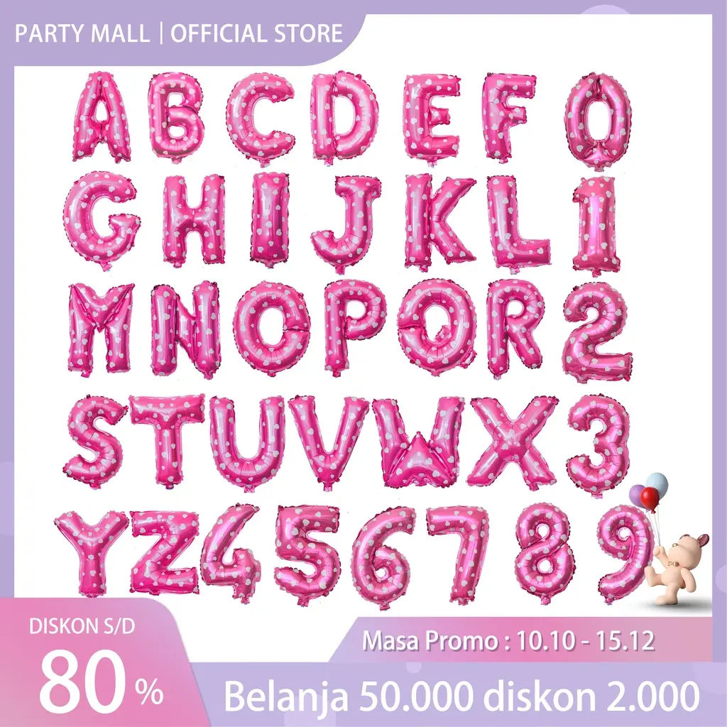 Balon Foil Huruf Pink 16 Inch 40cm Abjad Alphabet A-Z Balon Foil Angka Pink 0-9 Pink(1pcs)