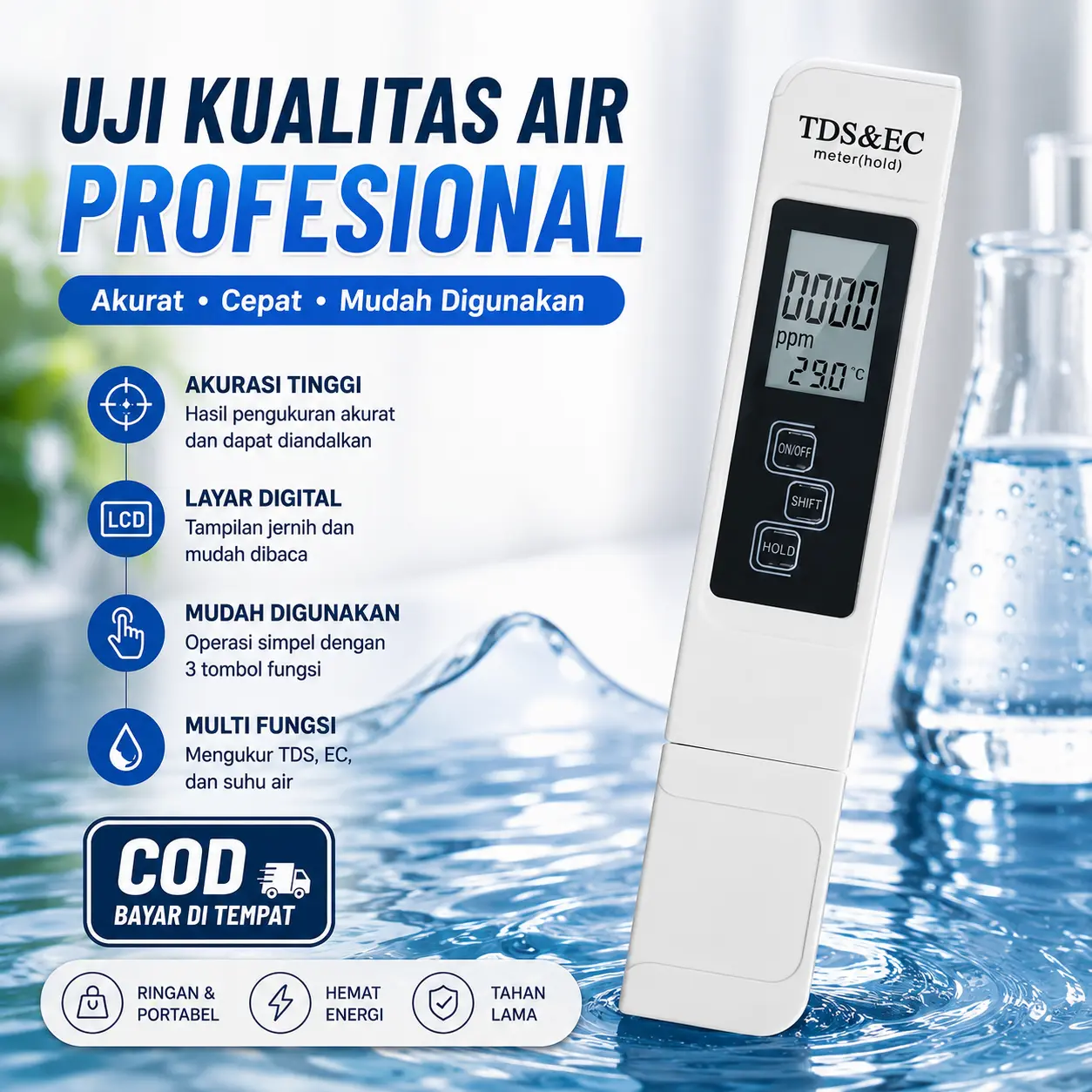 Pena Uji Kualitas Air TDS & EC Profesional – Alat Ukur Kemurnian Air Minum, Presisi Tinggi untuk Rumah Tangga & Pemurni Air