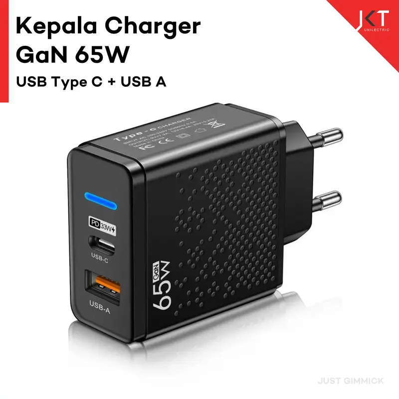 Kepala Charger Dual Port Universal 65W USB Type C USB A 0