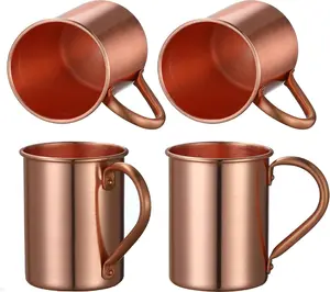 Pure Copper Moscow Mule Mugs, Set of 4, Handmade, Straight Smooth Finish, Riveted Handle